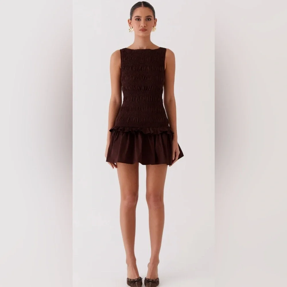NWT Peppermayo Exclusive - Garden Kisses Shirred Mini Dress - Chocolate, Size 6 - Picture 1 of 15